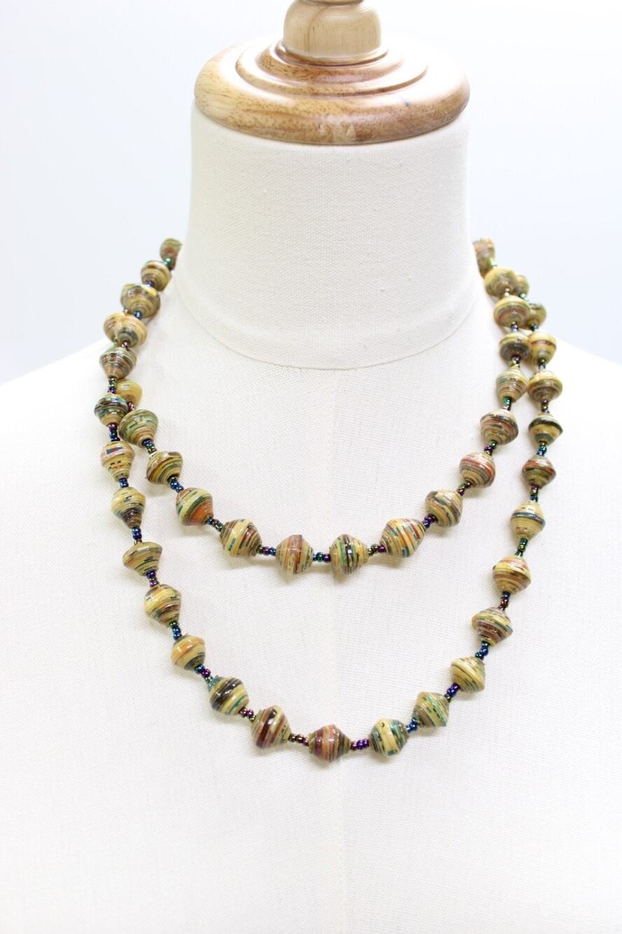 Vintage Ethnic Bicone Paper & Iridescent Seed Bead Necklace 20" drop Boho Hippie